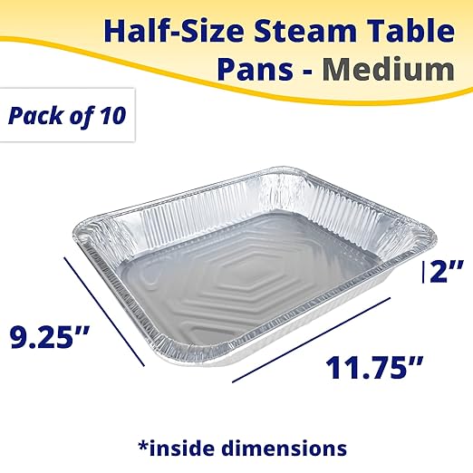 IDL Packaging Half-Size Aluminum Steam Table Pans - Medium, 13" x 11" x 2" (pack of 10) - Disposable Foil Pan for Grilling, Roasting, BBQ, Cooking, Baking, Freezing