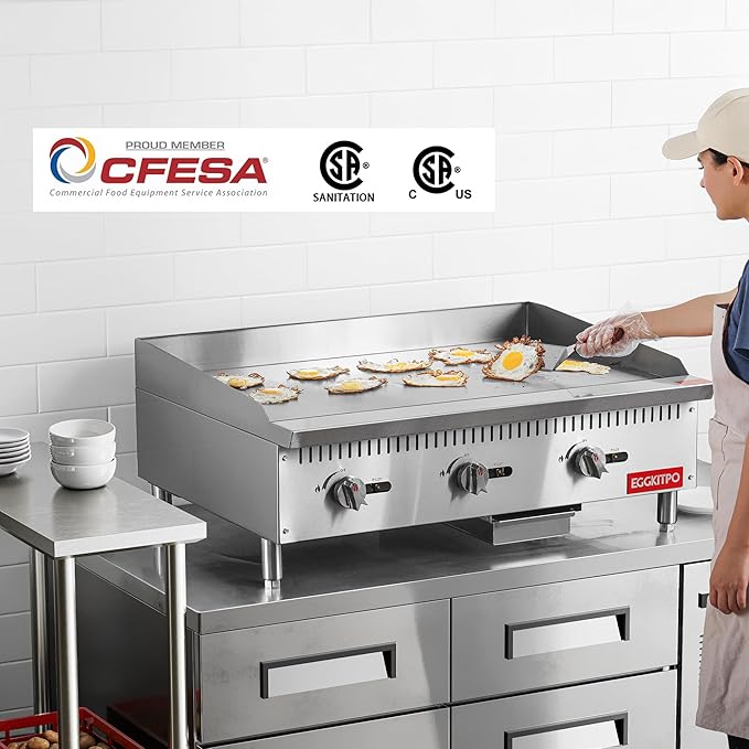 36 Inch CSA Certified Commercial Natural Gas Griddle Manual Controls 90,000 BTU Countertop Flat Top Grill Hot Plate with Independeent Knob 3 Burners Stainless Steel Grill for Restaurant Use