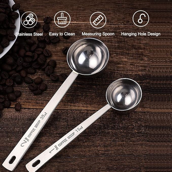 Coffee Scoop, Stainless Steel Coffee Spoons Set, 1 tablespoon (15ml) and 1 tablespoons (30ml) Measuring Spoon, Tablespoon Measure Spoon for Coffee, Milk Powder, Fruit Powder, 2 Pack(Long)