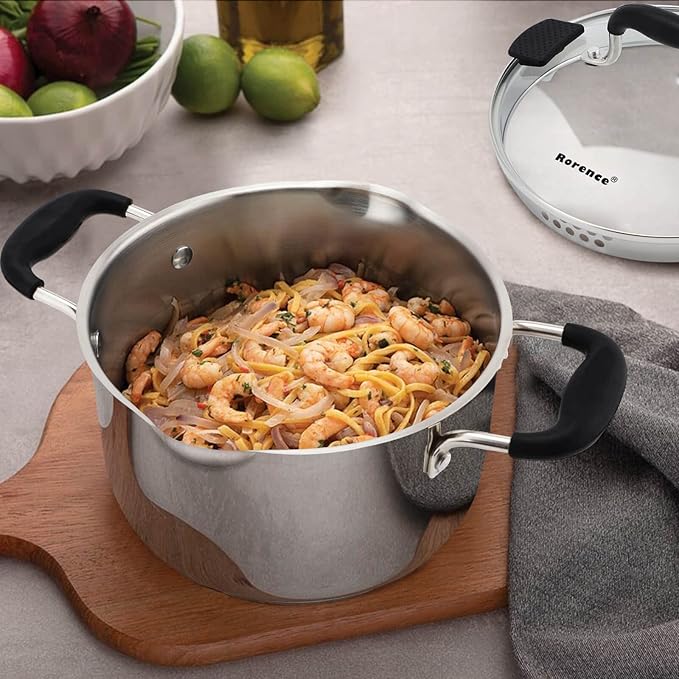 Rorence Stainless Steel Stock Pot with Pour Spout & Silicone Handles & Glass Lid with Strainer - 3.7 Quart