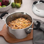 Rorence Stainless Steel Stock Pot with Pour Spout & Silicone Handles & Glass Lid with Strainer - 3.7 Quart