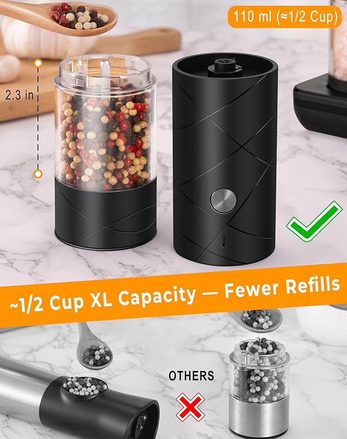 Rechargeable Electric Salt and Pepper Grinder Set - Extra Large Capacity - Automatic Black Peppercorn & Sea Salt Mill Grinders Set with Adjustable Coarseness & LED Light