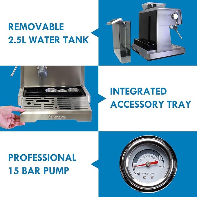 Kenmore Espresso Machine – Automatic Coffee Maker with Manual Tamper, Auto Cleaning, Milk Steamer & Frother, Bean Grinder, Brew Professional Barista Style Cappuccino, Café Latte