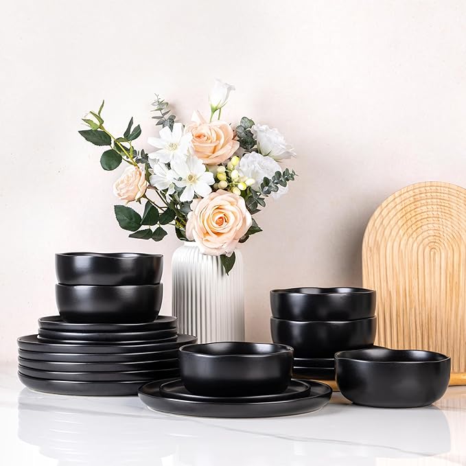 AmorArc Ceramic Dinnerware Sets, Wavy Rim Stoneware Plates and Bowls Sets, Highly Chip and Crack Resistant | Dishwasher & Microwave & Oven Safe Dishes set, Service for 6 (18pc)