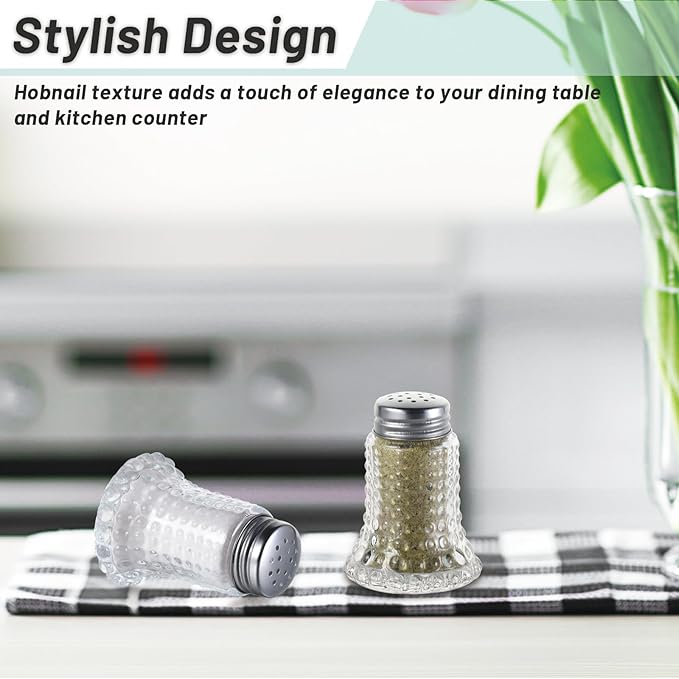 Salt and Pepper Shaker Glass Set, Retro Style Spice Shakers for Dining Room Table, Kitchen, Restaurant, Set of 2 (Hobnail)