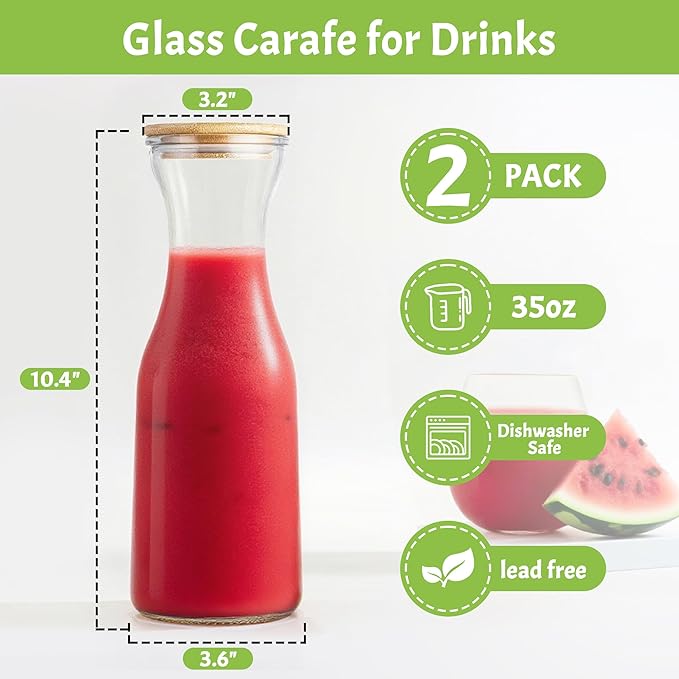 Set of 2 Circular Glass Carafe, 1 Liter Beverage Serveware Carafe with Bamboo Lid, Water Bottles, Clear Glass Pitchers for Mimosa Bar, Milk, Juice, Lemonade(2 Bottles)