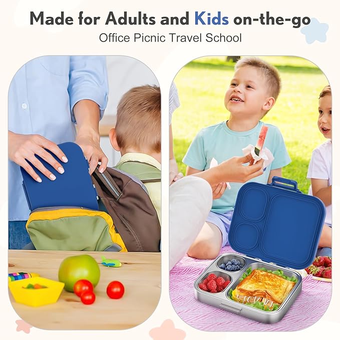 Stainless Steel Bento Box Kids, Leak Proof Metal Bento Lunch Box,3 Compartments 304 Stainless Steel Bento Lunch Containers for School and Office,Dishwasher Safe, BPA-Free(Blue)