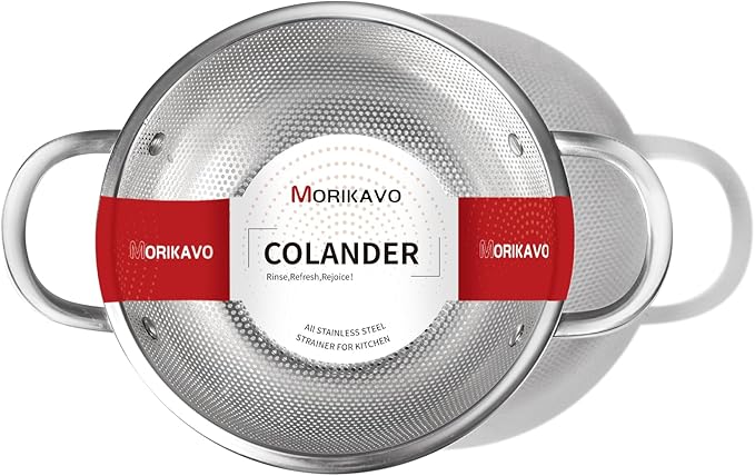 Premium Stainless Steel Colander for Kitchen, Food Strainer Basket with Handle and Solid Ring Base for Fruits Vegetables Rice and Pasta, Dishwasher Safe (3QT+5QT)