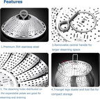 Vegetable Steamer Basket, 304 Stainless Steel Steamer for Cooking, Expendable Food Steamer to Fit Various Size Pot (6.4" to 10.2" + 7.3" Kitchen Tong)