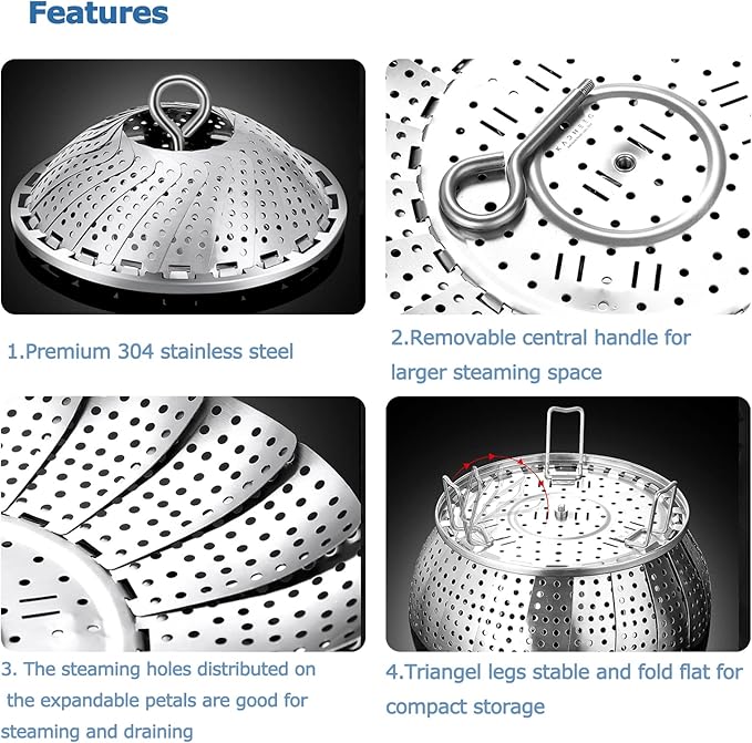 Vegetable Steamer Basket, 304 Stainless Steel Steamer for Cooking, Expendable Food Steamer to Fit Various Size Pot (5.7" to 9" + 7.3" Kitchen Tong)