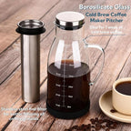 Airtight Cold Brew Coffee Maker Pitcher 51oz, Glass Iced Coffee Maker Pitcher with Removable Stainless Steel Filter and Non-Slip Base, 1.5L Iced Tea Maker