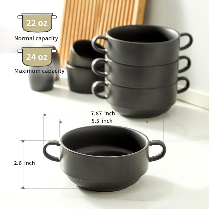 Soup Bowls, 22 oz French Onion Soup Bowls with Handles, Stackable Ceramic Bowls Set of 4, Dinner Bowls for Chili, Beef Stew, Soup, Cereal, Oven Microwave Dishwasher Safe, Matte Black