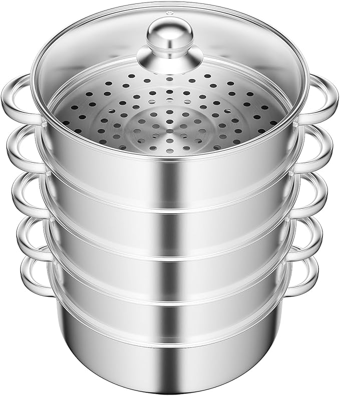 5 Tier Layer Stainless Steel Steamer Pot, 304 Food Grade Steel Multipurpose Steam Cookware Steaming Pot with Stackable Pan and Lid for Cooking Corn,Dumpling,Fish (Silver, 5 Tier - 28cm)