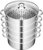 5 Tier Layer Stainless Steel Steamer Pot, 304 Food Grade Steel Multipurpose Steam Cookware Steaming Pot with Stackable Pan and Lid for Cooking Corn,Dumpling,Fish (Silver, 5 Tier - 28cm)