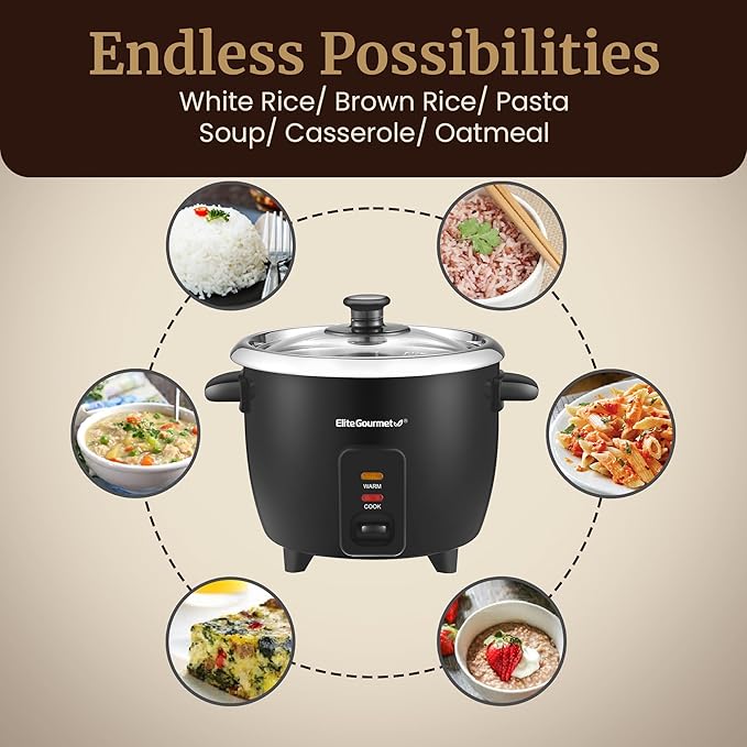 Elite Gourmet ERC006SS 6-Cup Electric Rice Cooker with 304 Surgical Grade Stainless Steel Inner Pot, Makes Soups, Stews, Porridges, Grains and Cereals, 6 cup (3 cups uncooked), Black