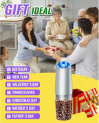 Rongyuxuan Gravity Salt and Pepper Mill Set,Electric Automatic Pepper Grinder Mill Shaker with Battery Powered,Stainless Steel,Blue LED Light,Adjustable Coarseness,One Hand Use,Light Grey