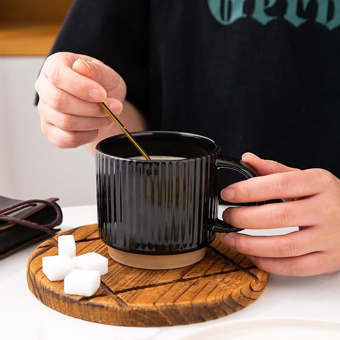 GBHOME 6OZ Stackable Coffee Mugs, Ceramic Coffee Mugs with Texture Patterns for Man,Woman,Dad,Mom, Modern Coffee Cups Set of 4 for Espresso/Cappuccino/Cocoa. Dishwasher&Microwave Safe, Black