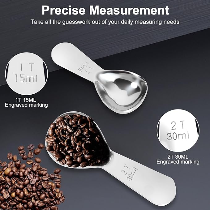 2Pcs Coffee Scoops, Premium 18/8 Stainless Steel Coffee Spoons, Set of 2 Short Handled (1 Tablespoon & 2 Tablespoon) Coffee Measuring Spoon for Ground Coffee, Tea and Powder by ES NATAURA
