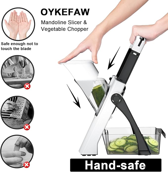 Upgrade Safe Mandoline Slicer for Kitchen, 5 in 1 Vegetable Chopper, Mandolin Potato Slicer with Thickness Adjuster, French Fry Cutter, Veggie Dicer Faster Kitchen Slicer for Meal Prep Black