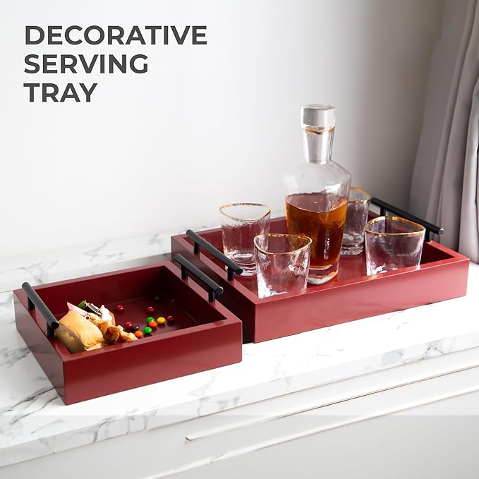 Set of 2 Serving Tray with Handles - for Coffee Table, Breakfast, Dinner Kitchen Living Room Bedroom, Home Decor for All Occasions, Red, Size S+M