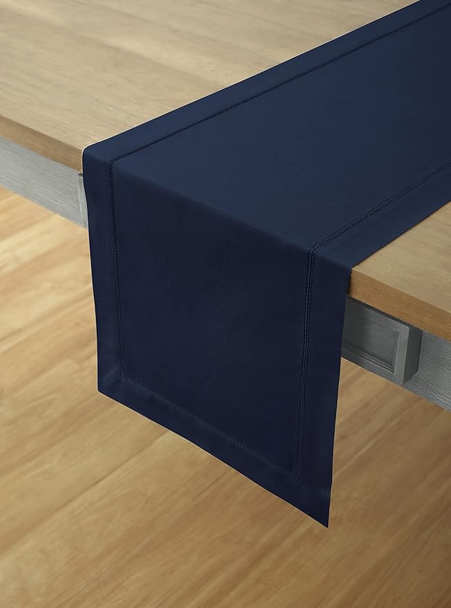 Solino Home Cotton Linen Navy Table Runner 72 Inches Long - Hemstitch Table Runner 14 x 72 Inch for Dresser, Dining, Summer, Fall, Autumn, Halloween