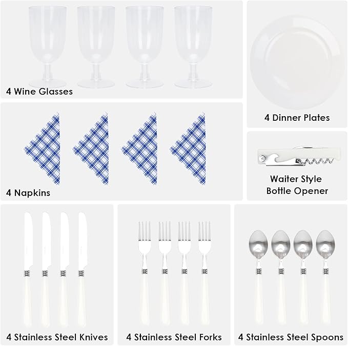 Picnic Basket Set for 4 Persons, Woven Woodchip Basket with Folding Handles & Lid, Blue and White Gingham Lining Basket Set with Utensils Cutlery - Perfect for Picnic, Camping, Valentine Day, Outdoor