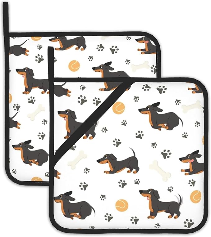 Funny Dachshund Pot Holders Set of 2 Heat Resistant Potholders,Fire Oven Hot Pads for Kitchen Cooking Baking Barbecue