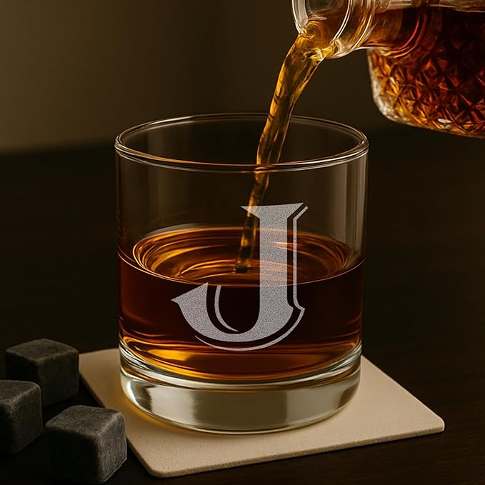 On The Rox Drinks (J-Monogram)- 4 Piece Set of 11 Ounce Engraved Heavy Base Rocks Glasses- Quality Elegant Glass-Multi-Purpose Beverage-Rocks Glass- Gift for any Occasion