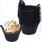 Koluti Reusable Silicone Baking Cups Set of 12, Nonstick Muffin Cupcakes Mold with Double Handle, BPA Free, Mini Round Air Fryer Cupcake Liners, Black