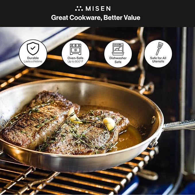 Misen 5-Ply Stainless Steel Cookware Set - Versatile, Dishwasher Safe - 9-Piece Set - 10" Skillet, 12" Skillet + Lid, 3 QT Saute Pan + Lid, 3 QT Saucier + Lid, 8 QT Stockpot + Lid