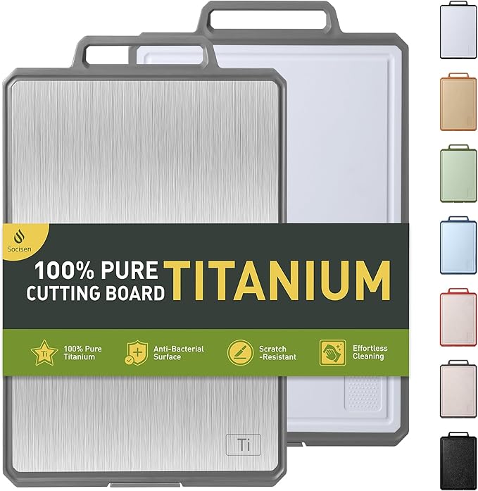 Titanium Cutting Boards for Kitchen Chopping Board with Handle Large Big Small Kitchen Meat Butcher Block 2 in 1 Pure Titanium and Wheat Straw PP Not Wood Bamboo Plastic Silicone Teak Grey/White