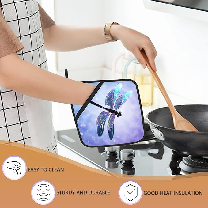 2PCS Dragonfly Pot Holder with Loop,Fantasy Dragonfly Heat Resistant Oven Pads, Hot Pat for Kitchen Cooking Baking Food