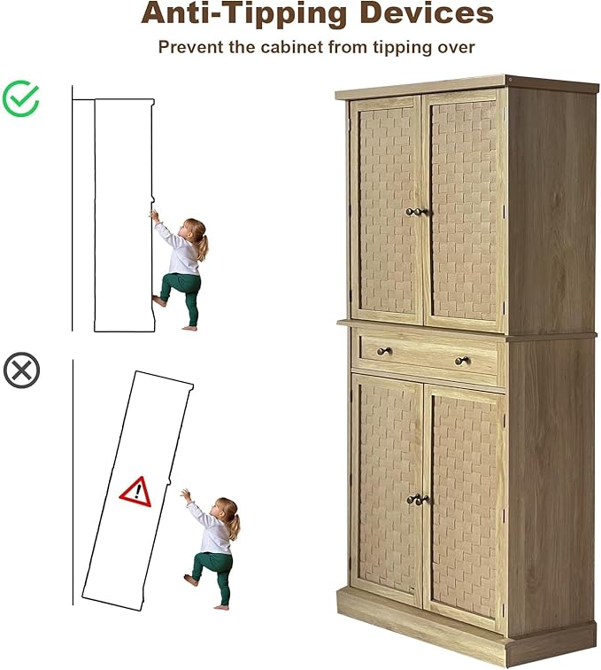 Garvee Pantry Cabinet, 72" Kitchen Pantry Storage Cabinet, Modern Farmhouse Kitchen Cupboard with Large Drawer, 2 Cabinets, 4 Adjustable Shelves, Freestanding Rattan Hutch for Dining Room Living Room
