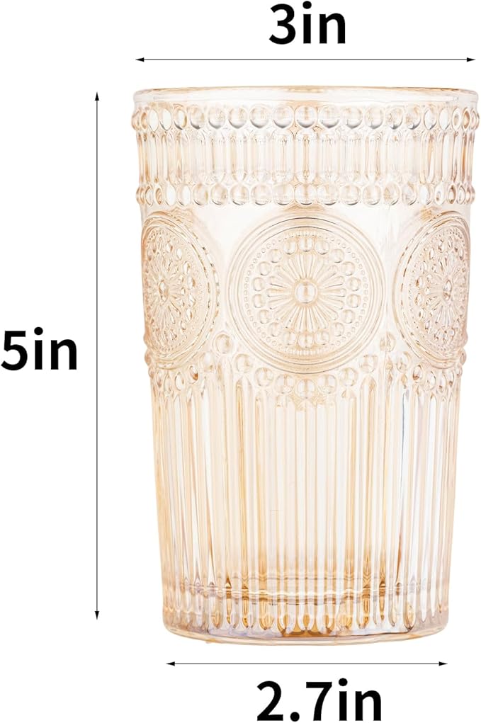 Vintage Textured Amber Striped Drinking Glasses Set of 6, 13 oz Ribbed Glassware with Flower Embossed Design, Romantic Cocktail Set, Juice Glass, Iced Coffee Cup, Colored Water Glasses Tumblers