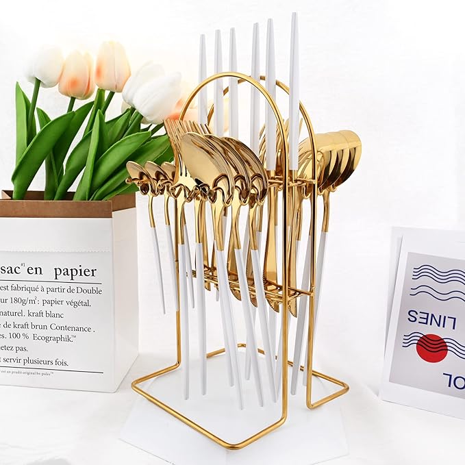 White Gold 24Pcs Flatware Set With Stand, Lightweight Dinnerware Set Stainless Steel Cutlery With White handles For Home Kitchen Wedding Party And Daily Use,Service For 6, Mirror Polish