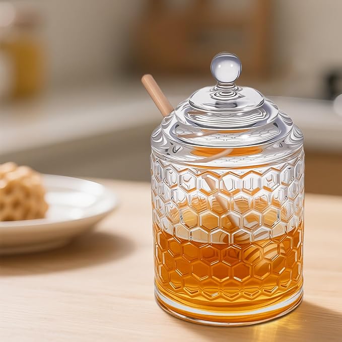 Clear Crystal Honey Pot with Dipper and Lid Glass Jar Dispenser Holder Syrup Container for Home Kitchen,9 oz, 2 Dippers Sticks Set, Containers Kitchen, Home, Storage