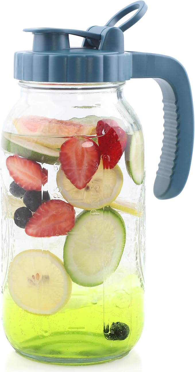 Mason Jar Pitcher 2 Quart With Pour Spout Lids 64 OZ Wide Mouth Water Pitcher Airtight And Leakproof Glass Carafe With Handle And Flip Cap For Milk, Iced Tea, Cold Brew Coffee, Juice, Infused Water