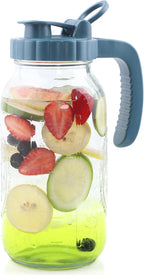 Mason Jar Pitcher 2 Quart With Pour Spout Lids 64 OZ Wide Mouth Water Pitcher Airtight And Leakproof Glass Carafe With Handle And Flip Cap For Milk, Iced Tea, Cold Brew Coffee, Juice, Infused Water