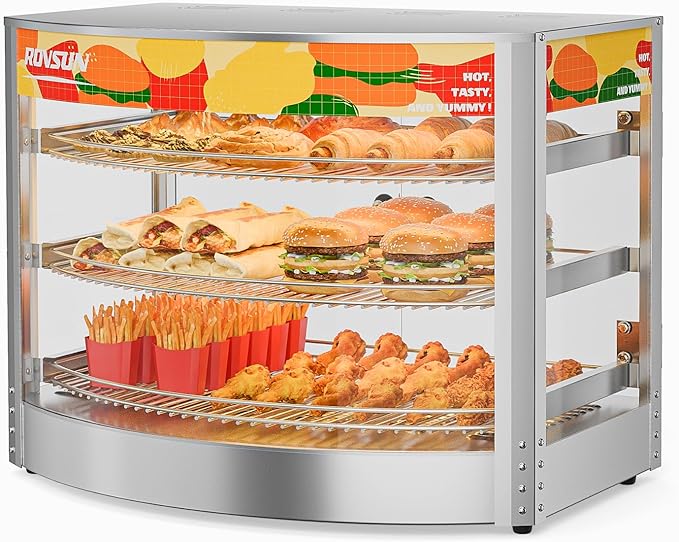 ROVSUN Food Warmer Pizza Warmer Countertop, 3-Tier Commerical Food Warmer Display with LED Lighting Removable Shelves Glass Door, Pretzel Warmer for Buffet Restaurant Cafe, 110V 800W