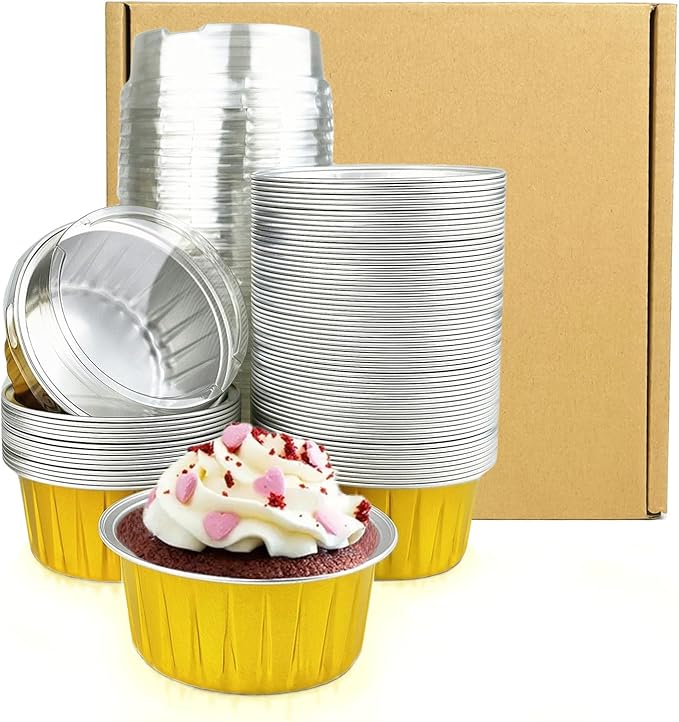 Disposable Muffin Pans with Lids, 5 oz Mini Cake Pans for Cupcake, Multi-purpose Aluminum Foil Baking Cup, Premium Dessert Cups, Creme Brulee Ramekins Oven Safe, 60 Pack