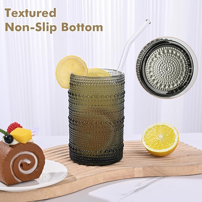 Vintage Hobnail Drinking Glasses Set of 8,Grey 12 oz & 15oz Highball Glass Cups, Kitchen Drinkware Glassware,Embossed Water Tumbler,for Beer,Cocktail,Whiskey,Juice and Various Mixed Drinks