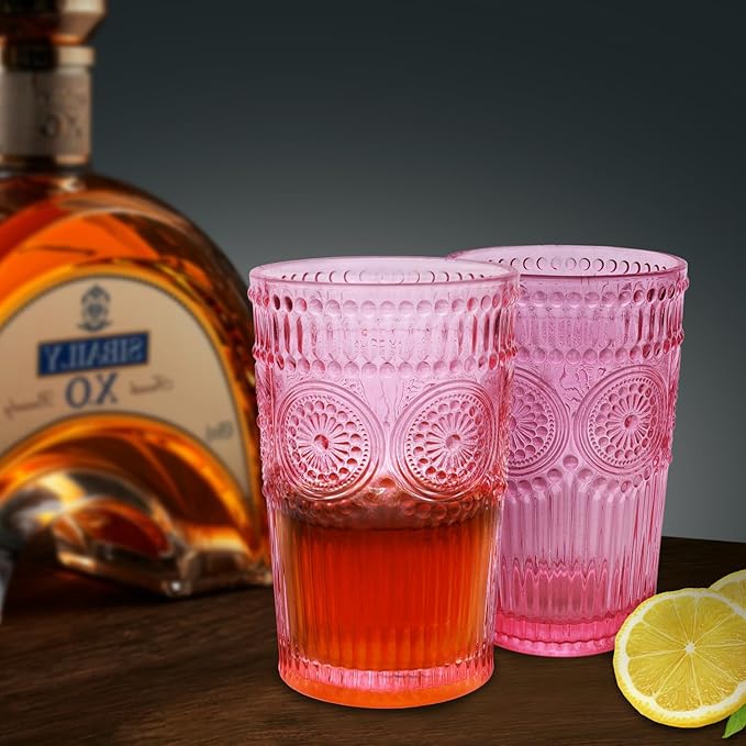 6pcs Vintage Drinking Glasses Set, 12 oz Pink Highball Glasses, Embossed Ribbed Glassware Cups for Cocktail, Water, Juice, Coffee, Whiskey