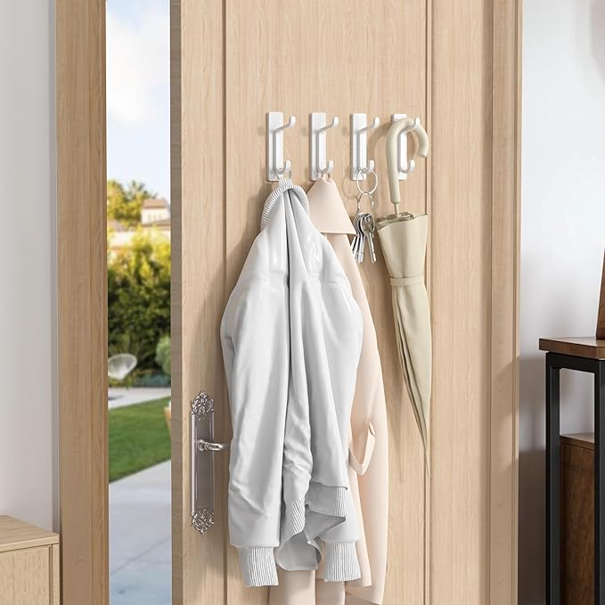 Self Adhesive Wall Hooks for Hanging: Extra Strong 13 LB, Hook for Coat, Towel in Bathrooms, Shower, Kitchen, Wall, Door Hook, White 4 Pack