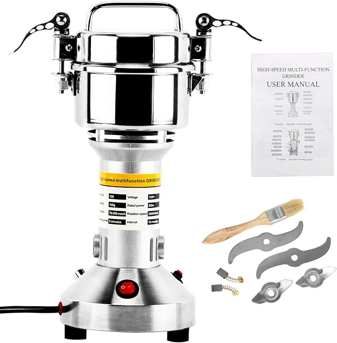 High Speed 150g Electric Grain Mill Grinder Powder Machine Spice Herb Grinder 850W 70-300 Mesh 28000RPM Stainless Steel Commercial Grade for Kitchen Herb Spice Pepper Coffee (150g)