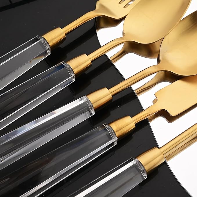 JASHII 5pcs Gold 304 Stainless Steel Flatware Cutlery Set with Transparent Acrylic Handle Diamond Shape, Matte Knife Fork Spoon Set, Dishwasher Safe for Home Wedding Hotel
