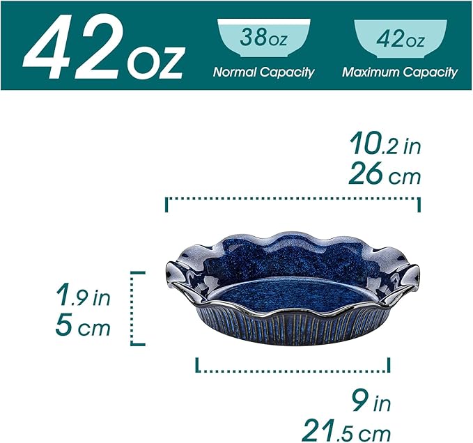 vancasso Stern Ceramic Pie Pan for Baking, 9 inch Pie Plates for Apple Pie and Quiche, Deep Pie Dish, Large Pot Pies, Thanksgiving Gifts for Women -Blue