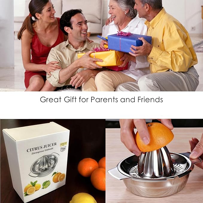 Citrus Lemon Orange Grapefruit Juicer Manual Squeezer 304 Stainless Steel Robust Hand Juicer Reamer Rotation Press with Strainer＆10oz Bowl, 2 Pour Spouts, Dishwasher Safe, Easy to Clean, Heavy Duty