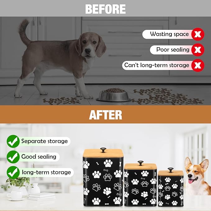 3 Pack Airtight Dog Food Containers with Bamboo Lids, Metal Dog Treat Jars Canisters for Kibble, Biscuits, Snacks, Cookies, Pet Food Storage Set for Kitchen Counter(Black)