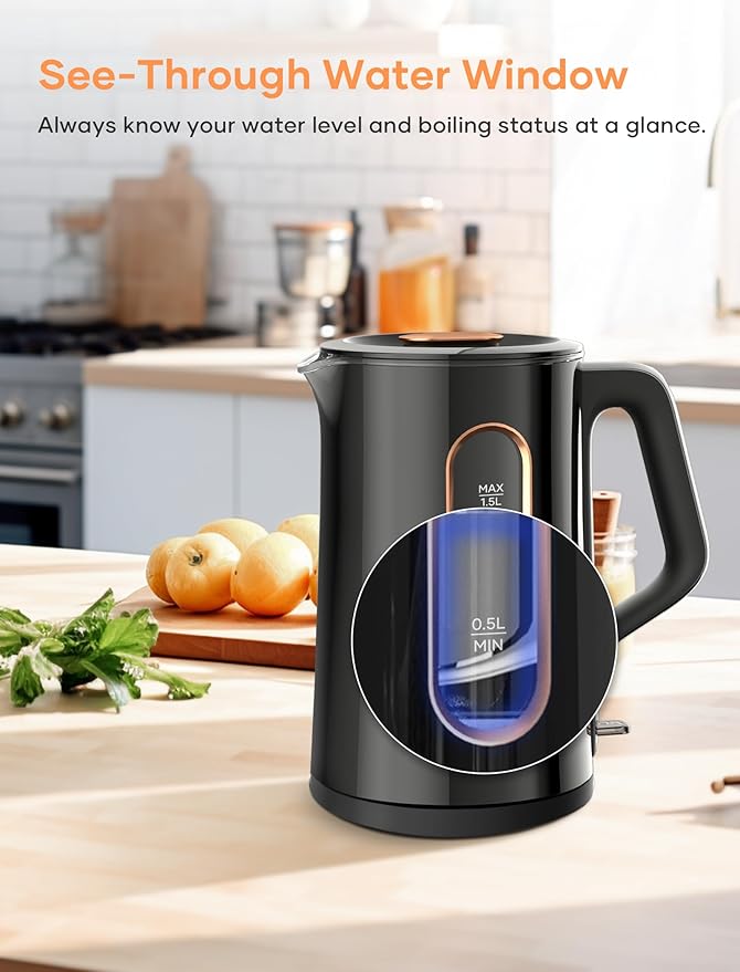 Offacy Electric Kettle, Tea Kettle Pot, Double Wall Glass Inner 1.5L/1200W, Hot Water Kettle Teapot Boiler & Heater with Automatic Shut Off, BPA-Free & LED Indicator Lights, Black