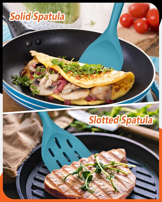 Pack of 2 Silicone Spatula, Non Stick Cooking Utensil Set Wooden Handle Kitchen Turner for Baking Mixing Grilling Serving Food Heat Resistant Non Scratch Hooks Included (Blue)